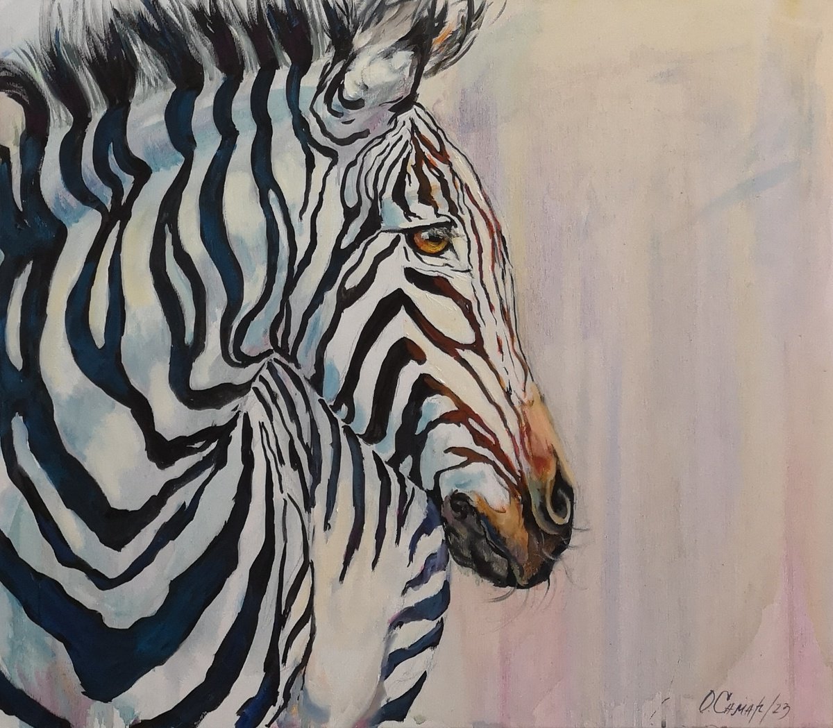 Impressionistic Animal Oil Painting By Olga Samar, 28 X 24", Morning Zebra, Original Artwork