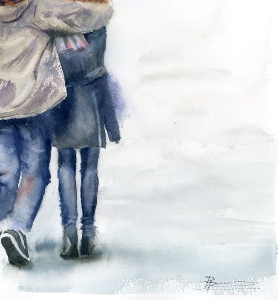 Couple under umbrella -  Original Watercolor Painting