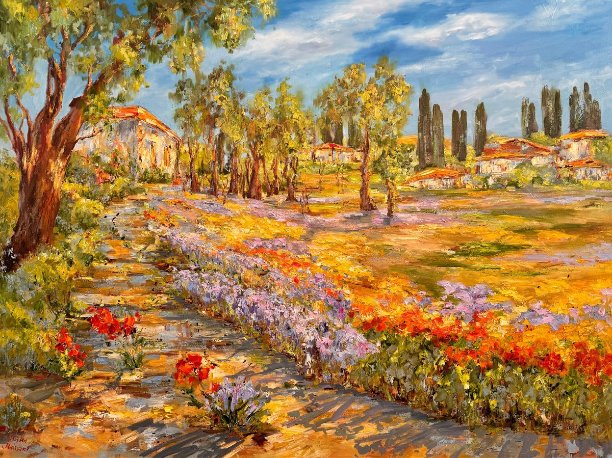 Impressionistic Landscape Oil Painting By Diana Malivani, 47 X 35, Printemps En Provence, Original Artwork