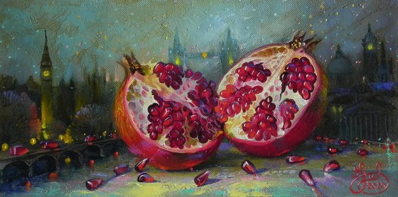 "City pomegranate" Original art Oil on canvas Contemporary home decor