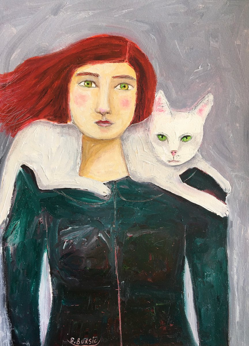 The Cat Warrior Woman - white cat - cat rescue adoption. Oil painting ...