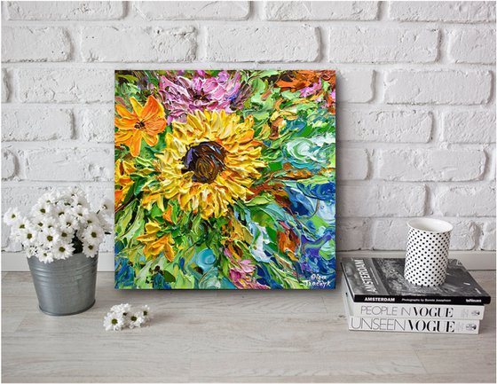 Sunflower in the garden - Original Floral Painting on Canvas, Palette Knife Art, Textured Impasto Artwork