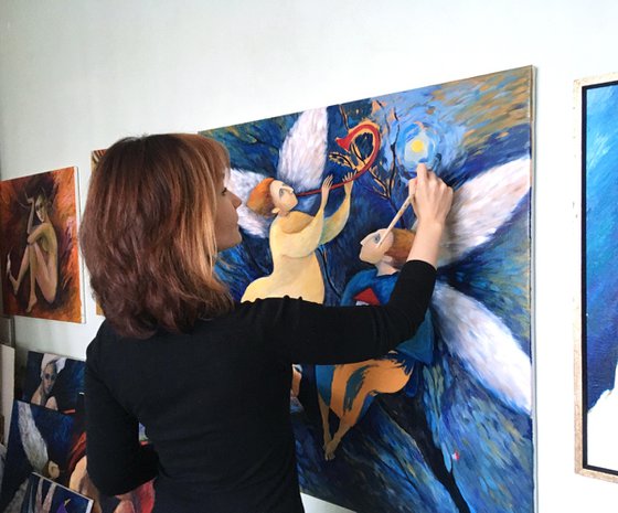 ANGELS OF PEACE – large figurative artwork (COMMISSION), blue wall art.