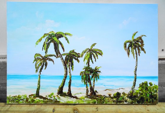 Large Abstract Seascape Painting. Palm trees. Beach, ocean, waves, sky with clouds, sailboats, sailing, yacht.