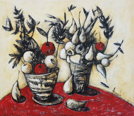 Fruitfulness: extra large modern still life with fruit in vases - 135/155cm