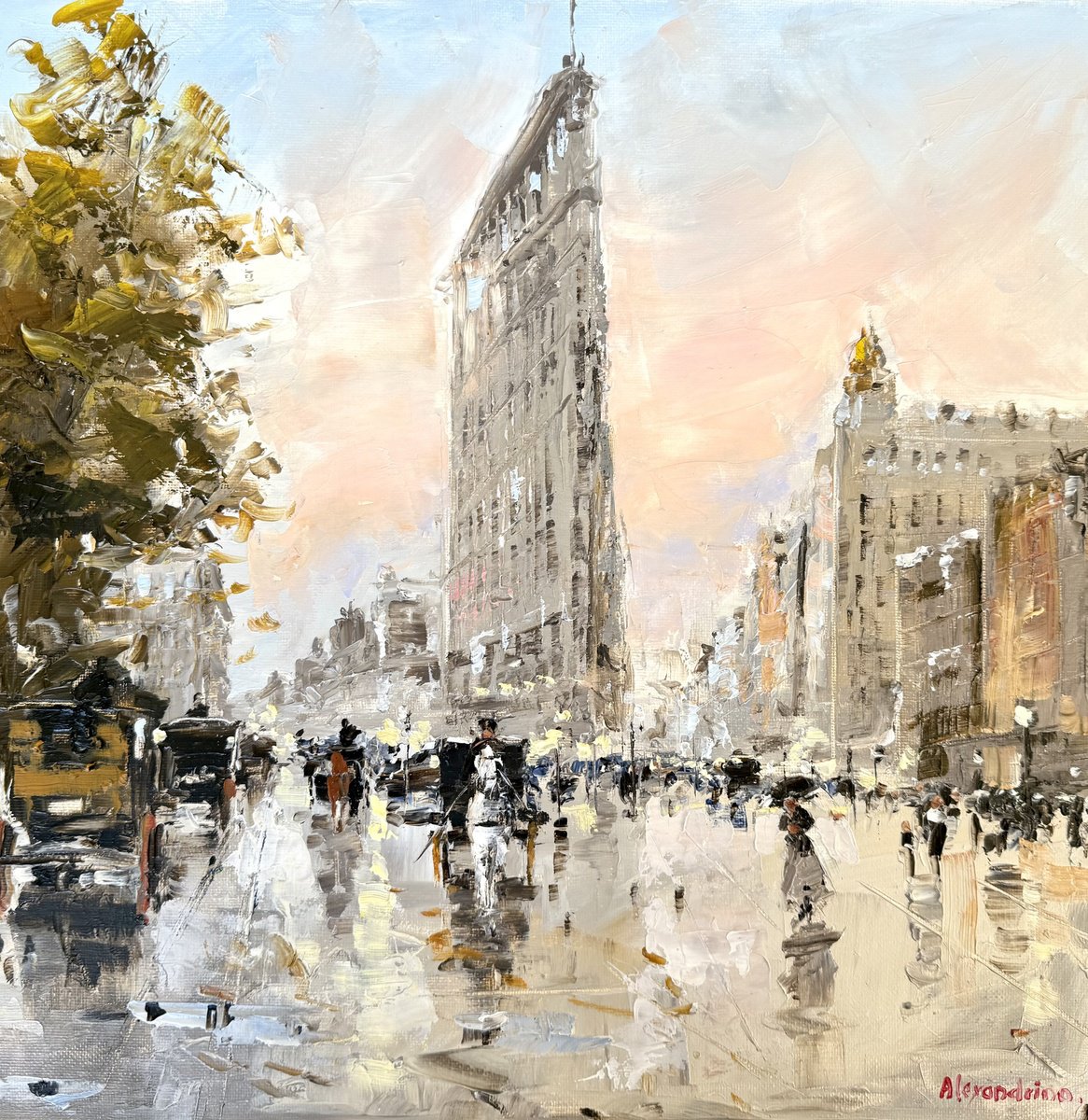 Impressionistic Landscape Oil Painting By Irina Alexandrina, 14 X 14, Manhattan. Broadway., Original Artwork