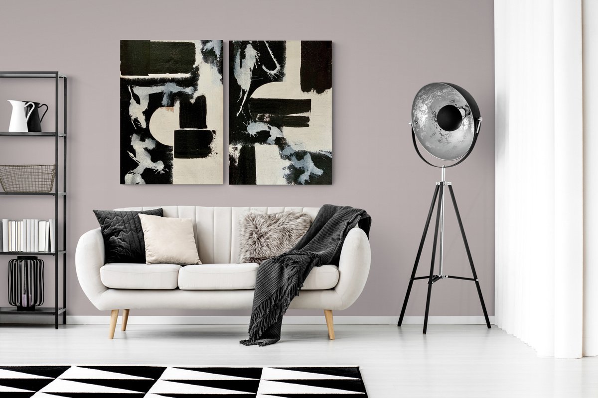 Abstraction No. 222 black and white XXL- set of 2 by Anita Kaufmann