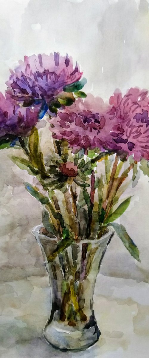 Asters in vase. Original watercolour painting. by Elena Klyan