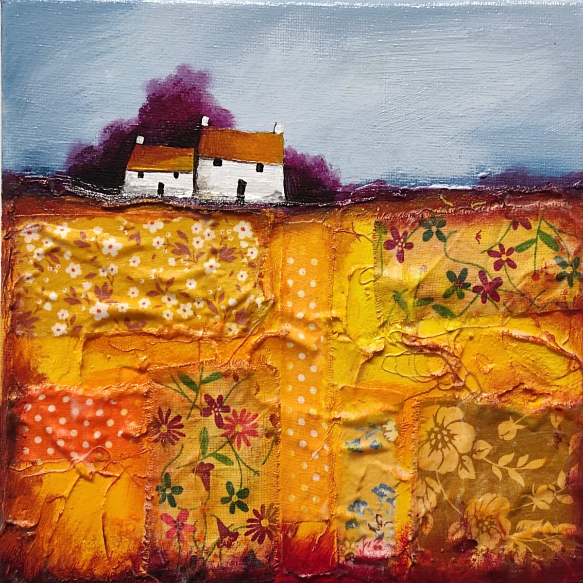 Golden patchwork Field Textured Landscape by Jane Palmer Art