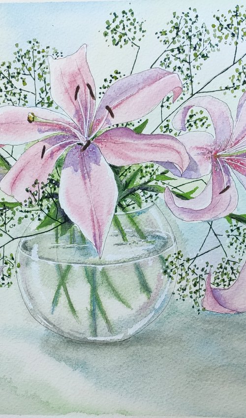 Lilies in a glass vase. Watercolor painting by Svetlana Vorobyeva by Svetlana Vorobyeva