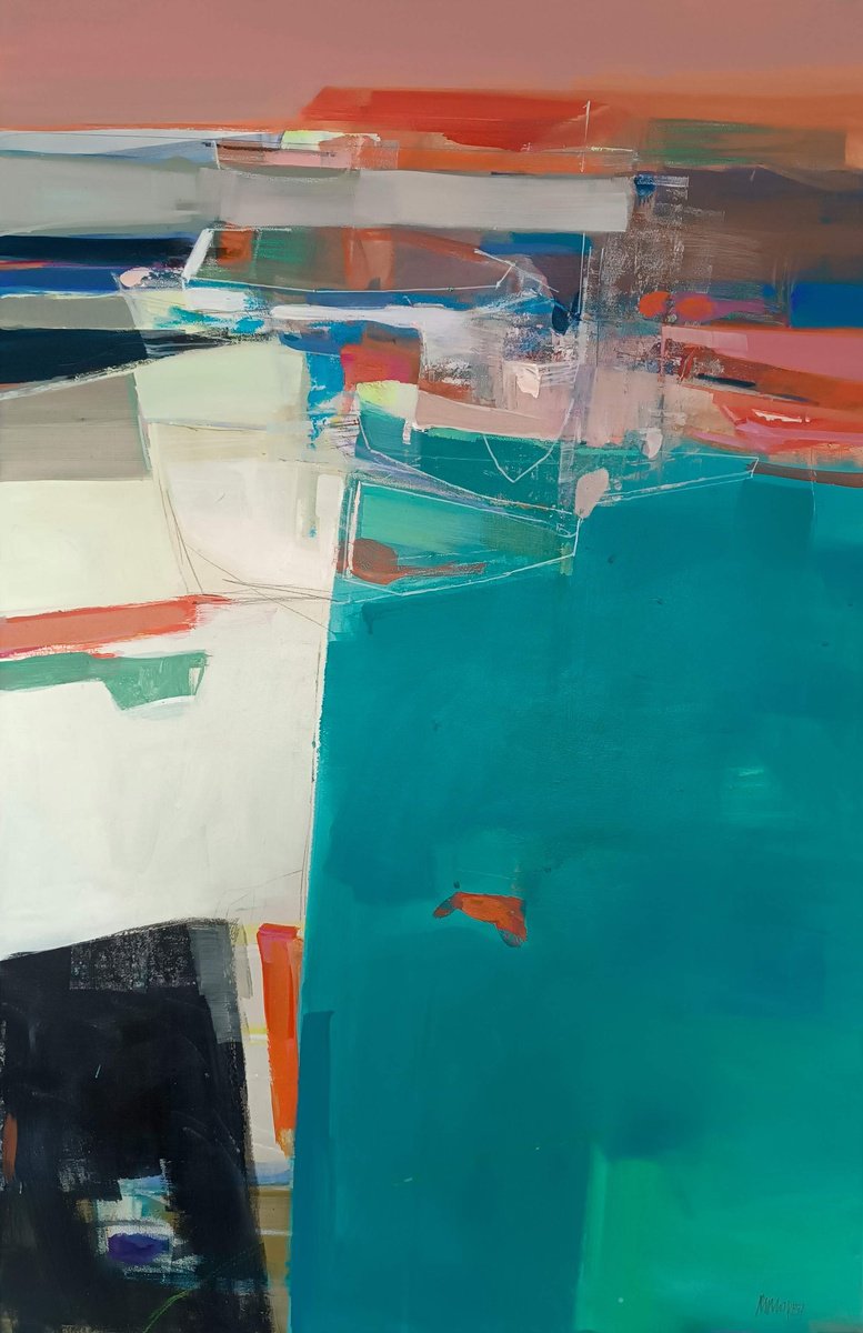 Abstract Landscape Acrylic Painting By Magdalena Morey, 26 X 39", Ropes And Moorings 2, Original Artwork