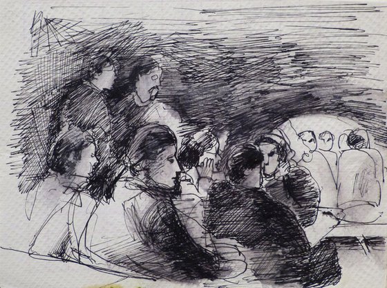 Musical Evening in the Bolognian Osteria, life drawing on paper napkin, 20x15 cm