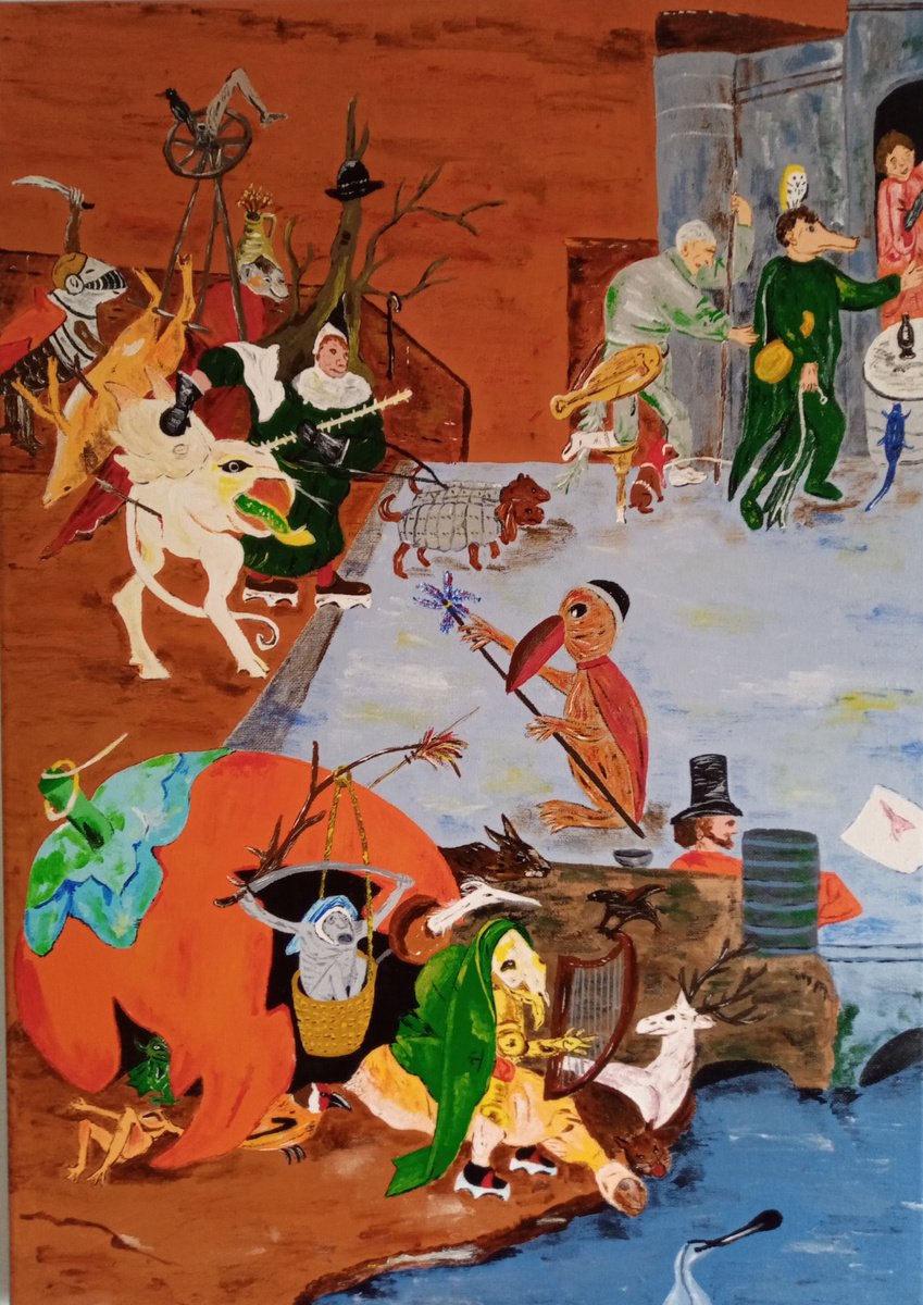 Naive Animal Acrylic Painting By Corinne Hamer, 17 X 23, Bish Bash Bosch, Original Artwork