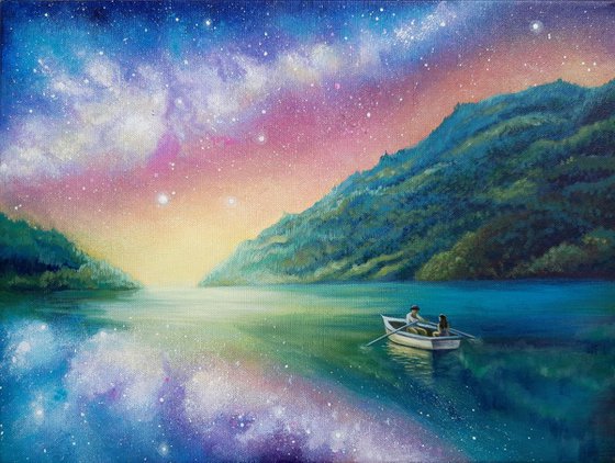 "Over the horizon", landscape art, milky way painting