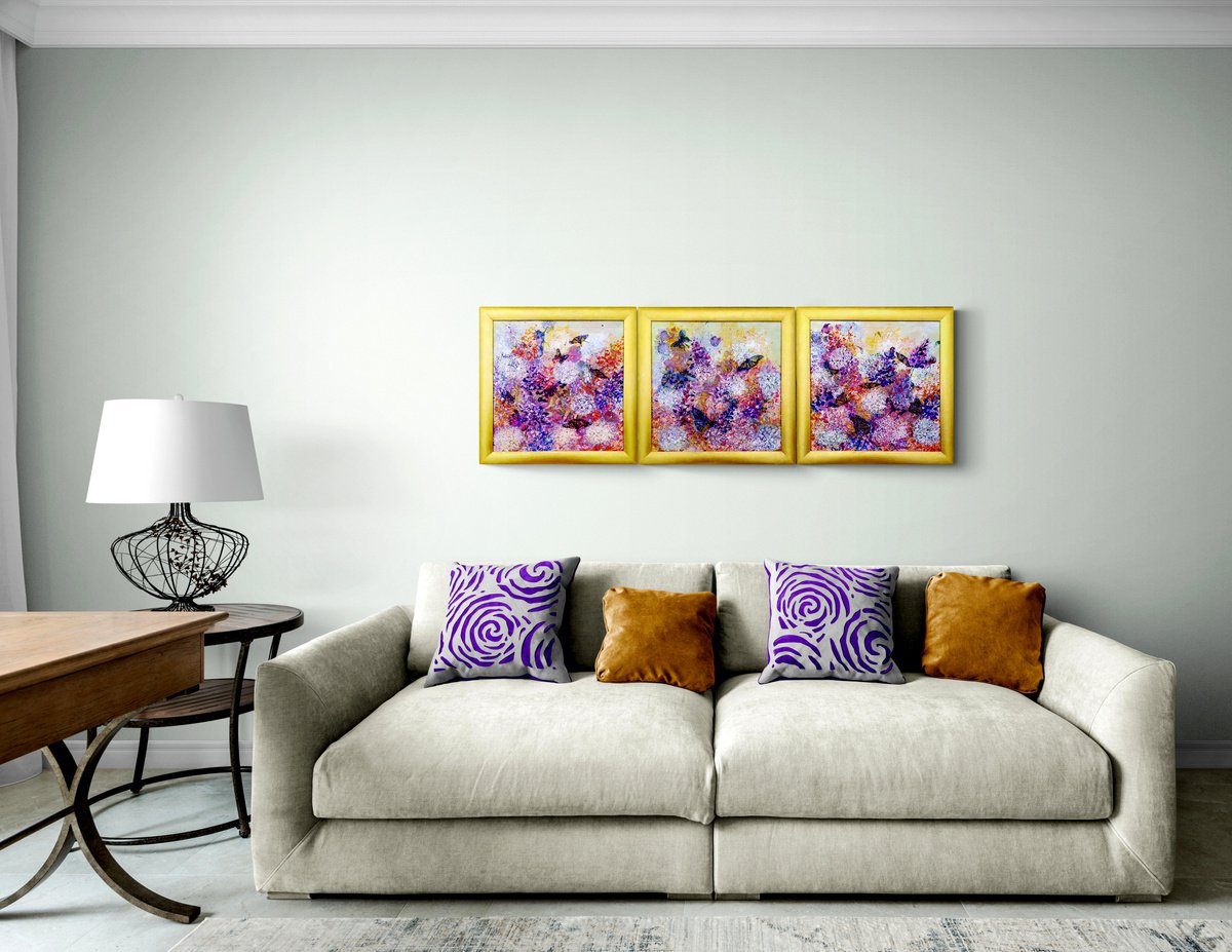 Butterflies under meadow flowers (triptych) by Tetiana Chebrova