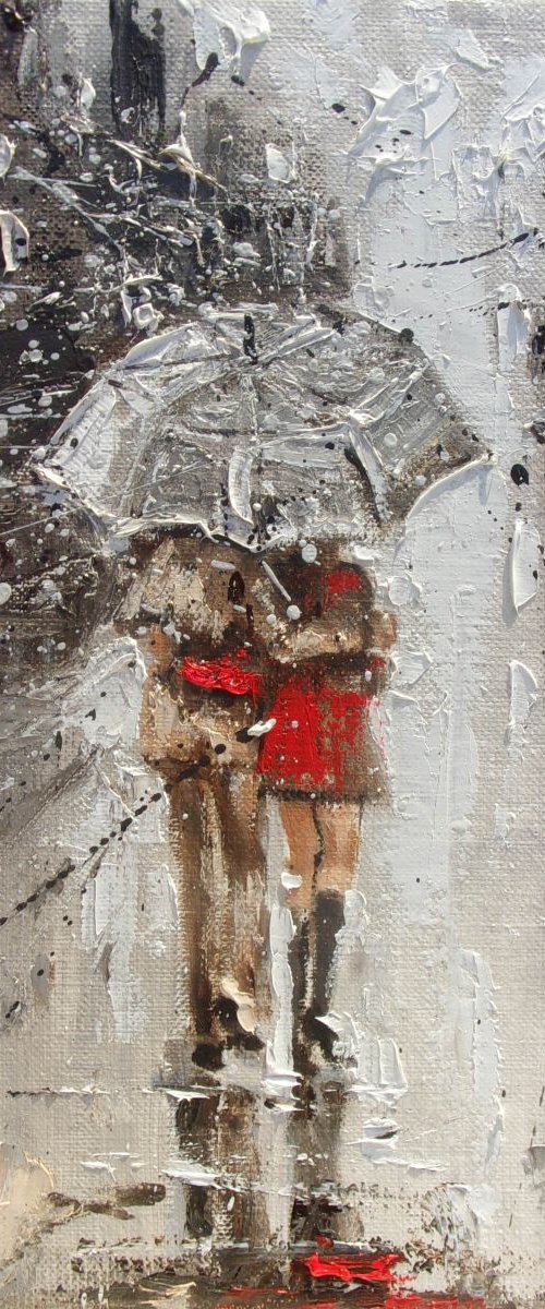 " WALKING IN THE RAIN V " original painting CITY palette knife by Monika Luniak