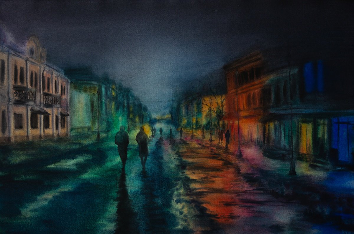 Impressionistic Cityscapes Watercolour By Kateryna Nazarenko, 22 X 15", Night Kyiv City, Original Artwork