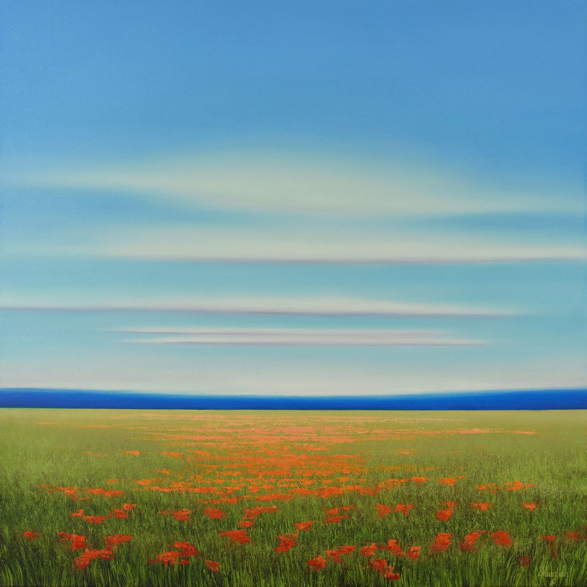 Impressionistic Landscape Oil Painting By Suzanne Vaughan, 30 X 30", Field Of Poppies - Blue Sky, Original Artwork