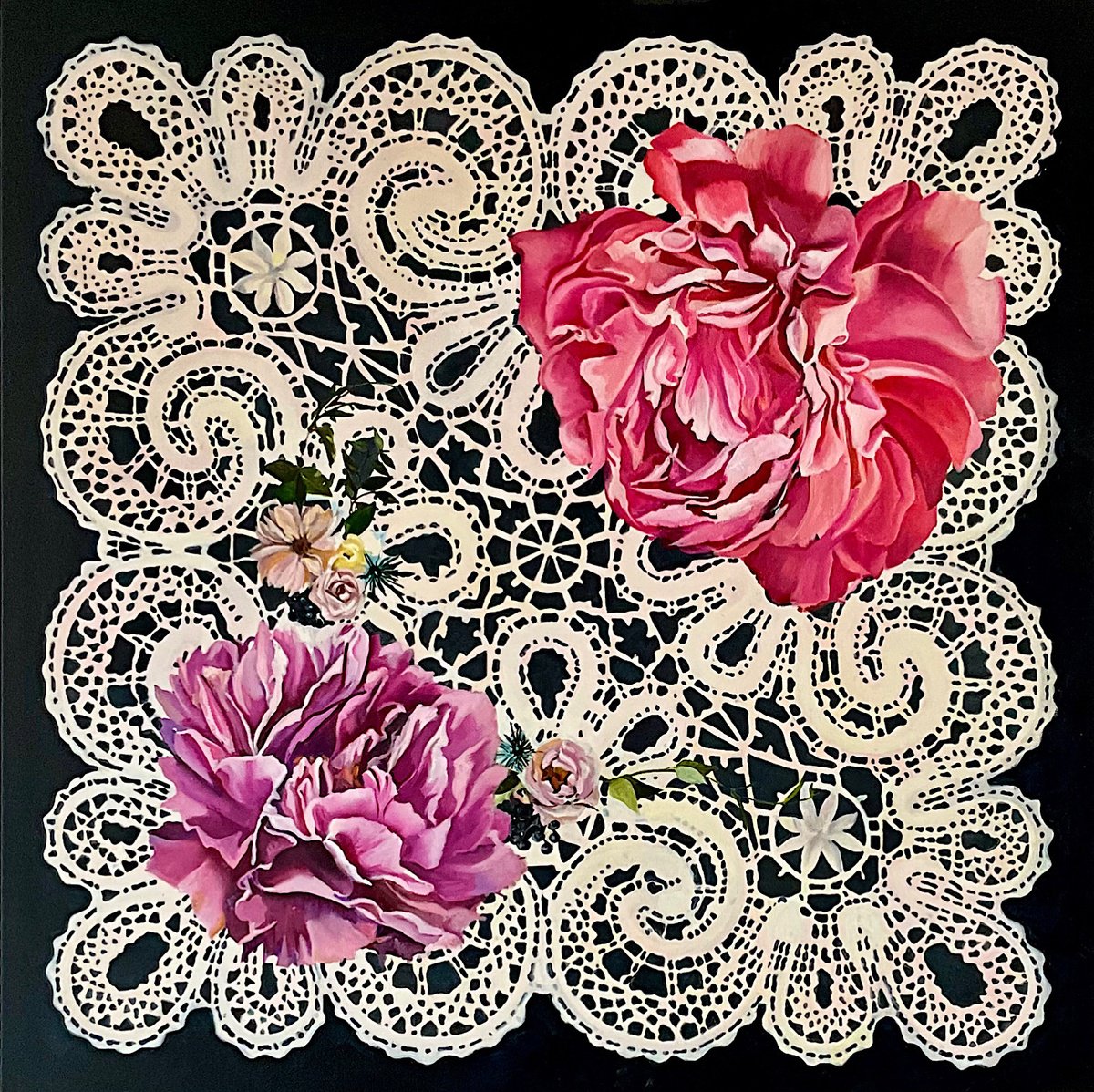 Expressive Botanical Oil Painting By Natalia Lugovskaya, 39 X 39", Peonies On Lace., Original Artwork