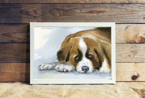 St. Bernard dog. Original watercolor artwork. by Evgeniya Mokeeva