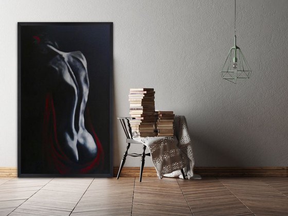 Nude lady draped in red silk