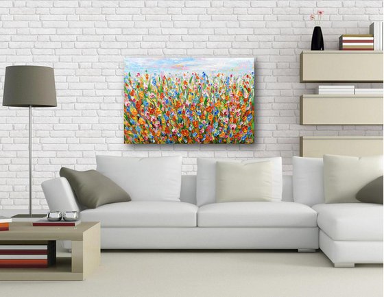 Meadow Joy - Abstract Floral Field Painting, Palette Knife Art