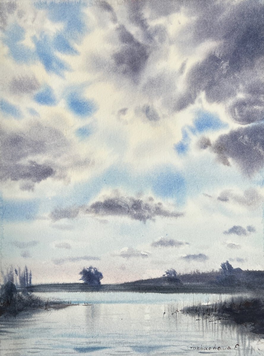 Impressionistic Watercolour , Clouds Over The River #6 By Eugenia Gorbacheva, 9 X 12, Artwork For Sale On Artfinder