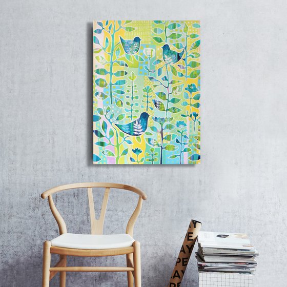 Spring garden (blue birds and plants patterned artwork - ready to hang)