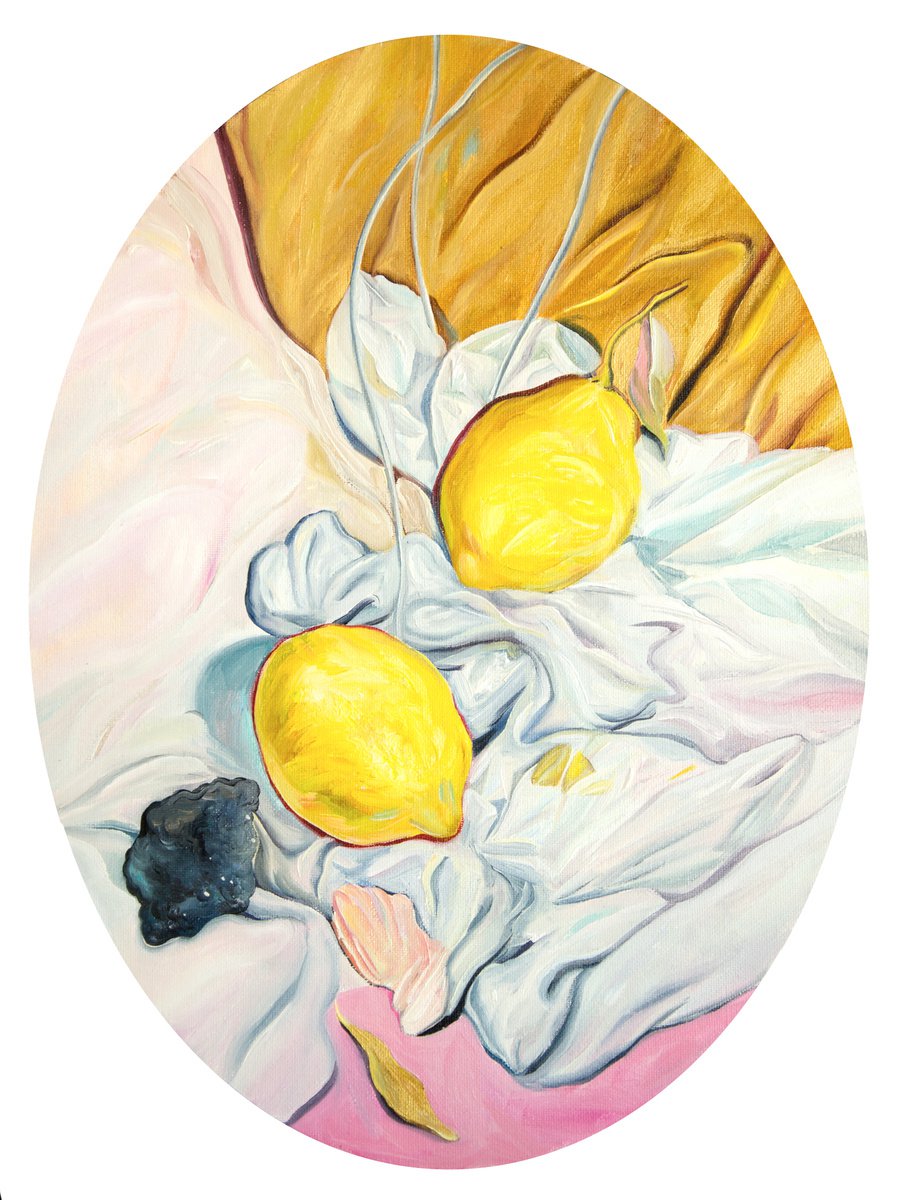 Photorealistic Still Life Oil Painting By Daria Galinski, 12 X 16, Still Life With Two Lemons (Oval Canvas), Original Artwork