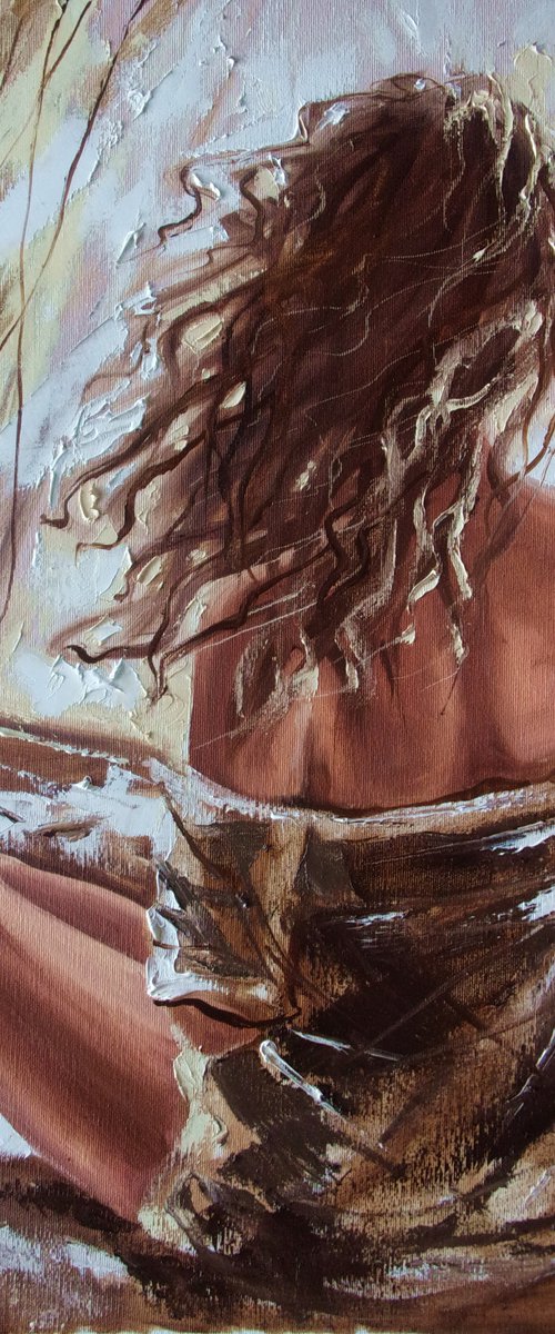 " IN MY ROOM ...  " book lover original painting ROOM  palette knife GIFT brown by Monika Luniak