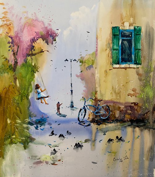 Watercolor "Childhood Paradise", perfect gift by Iulia Carchelan