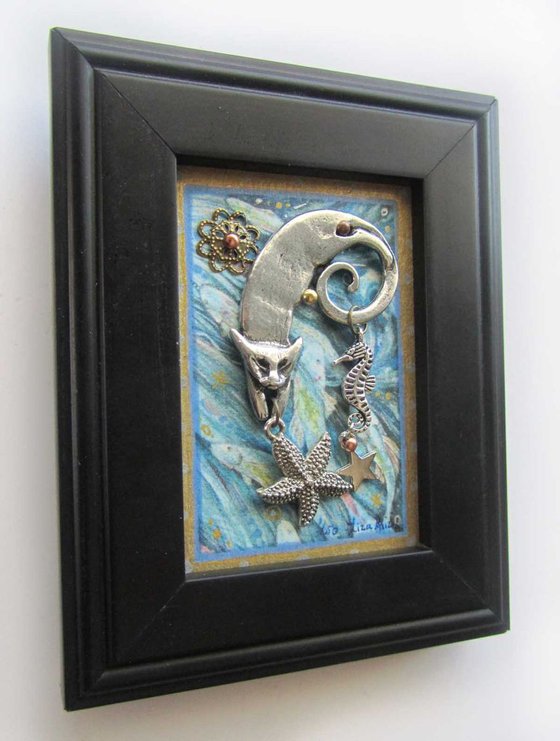 Cat Fish Dreaming pewter Cat sculpture mixed media assemblage Limited Edition Cat art