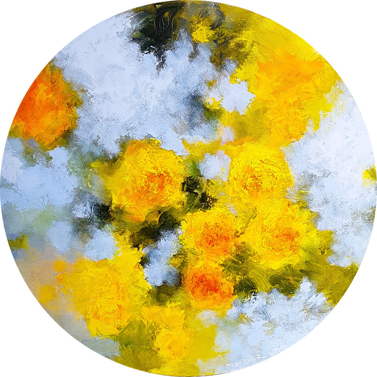 Floral tondo with yellow roses flowers - Oil painting knife palette impasto by Fabienne Monestier