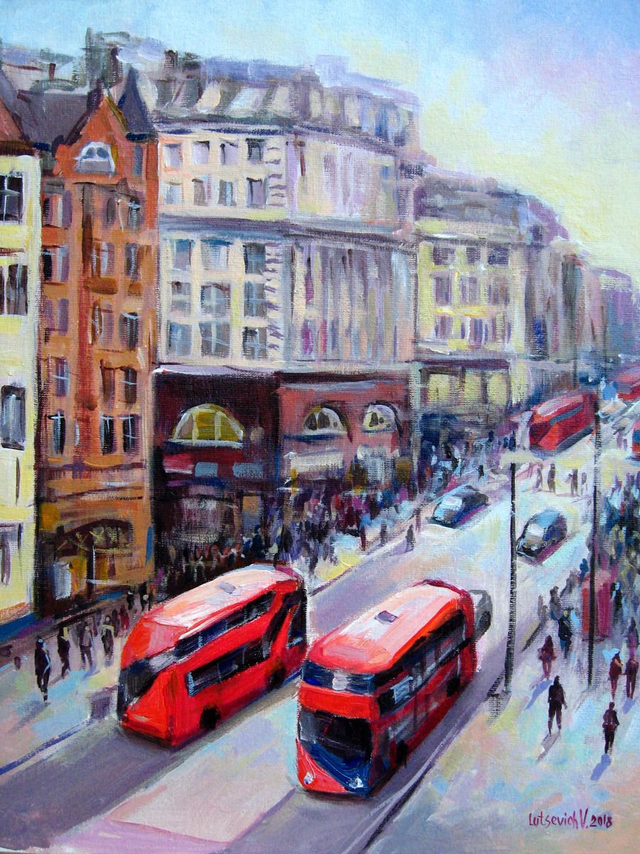 Impressionistic Cityscapes Acrylic Painting By Vladimir Lutsevich, 12 X 16", Street Of London, Original Artwork