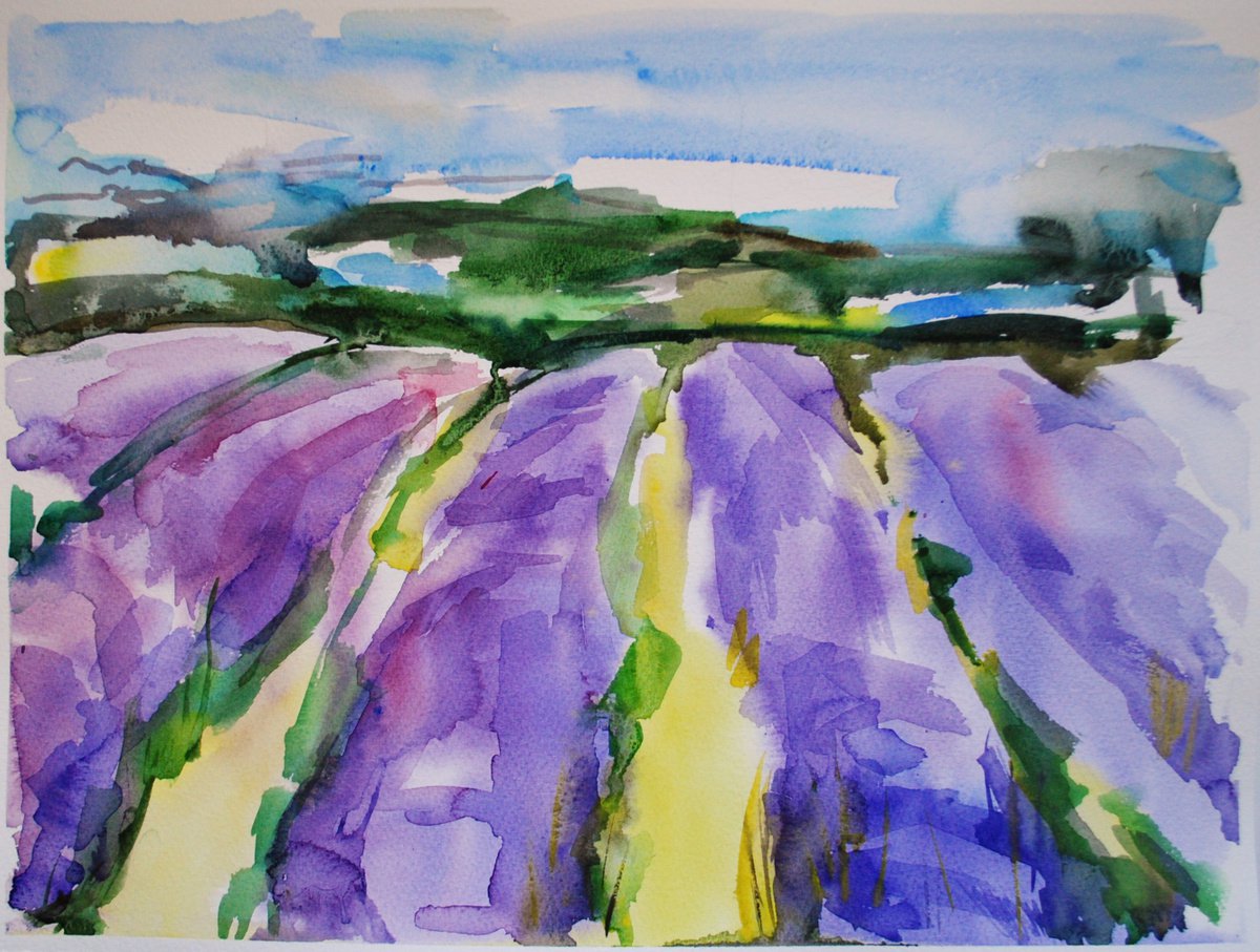 Lavender Fields #2  Plein-air Watercolour Landscape Painting. by Leah Maximova