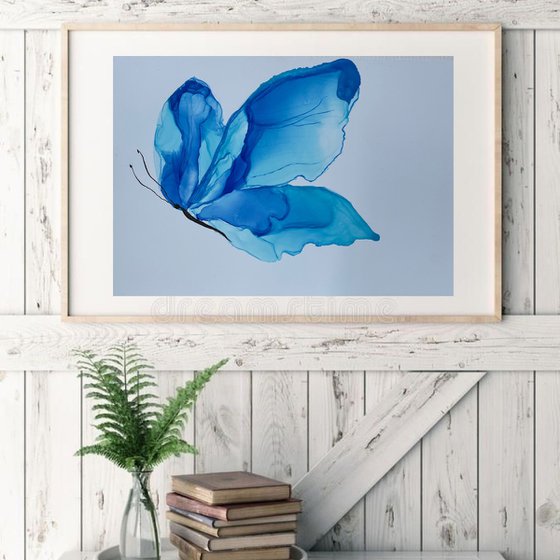 BLUE BUTTERFLY - alcohol ink , plastic paper