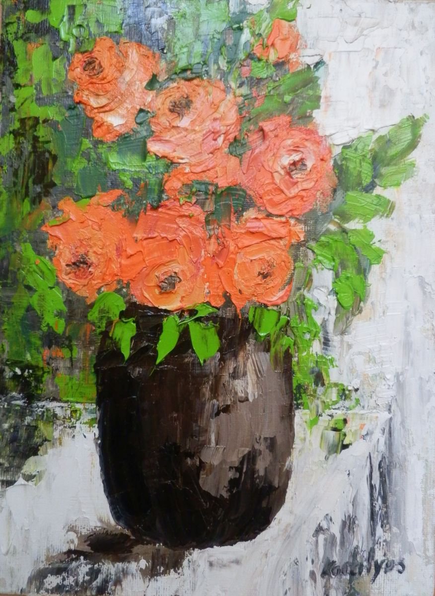Roses in a brown vase by Maria Karalyos