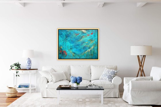 Blue Abstract Seascape Textured Painting Navy, Teal, Red, Silver, Gold. Modern Art with Heavy Texture. Abstract Landscape Contemporary Artwork for Livingroom or Bedroom