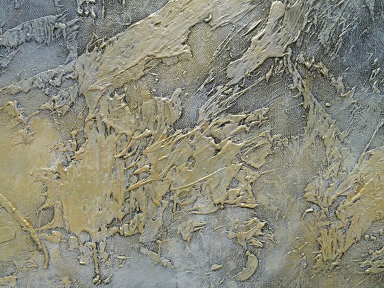 GOLDEN OCEAN. Large Abstract Gray Gold Textured Painting. Modern Art Neutral Colors, Beige, White Abstraction Landscape Contemporary Seascape Artwork for Living Room or Bedroom