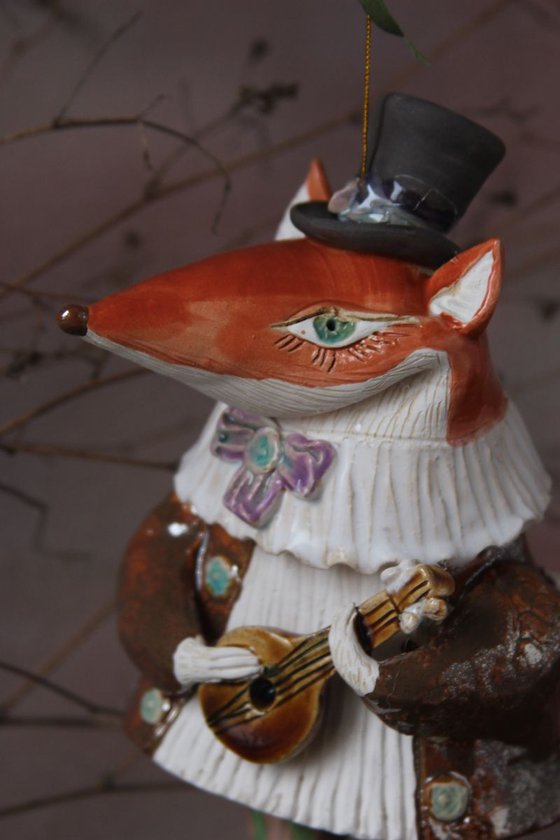 FOXY WITH A MANDOLIN, SCULPTURED CERAMIC BELL DOLL 2018