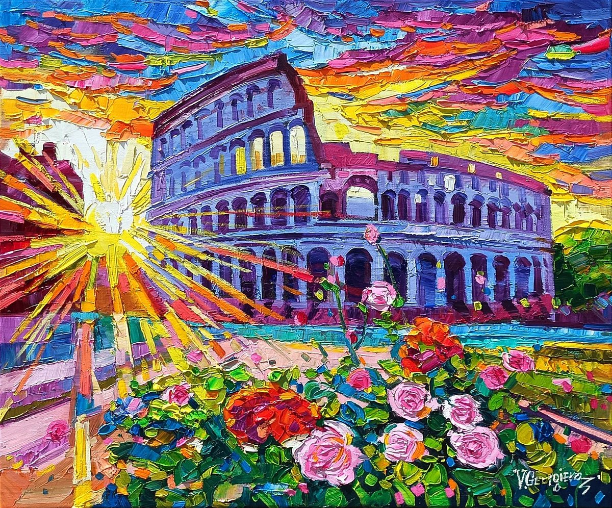 Expressive Cityscapes Oil Painting By Vanya Georgieva, 24 X 20", Magic Light On The Colosseum, Original Artwork