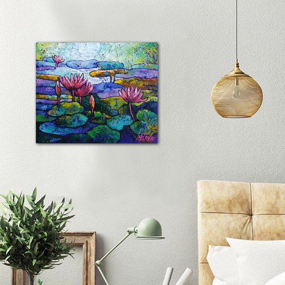 Painting Pink lilies in the pond, landscape