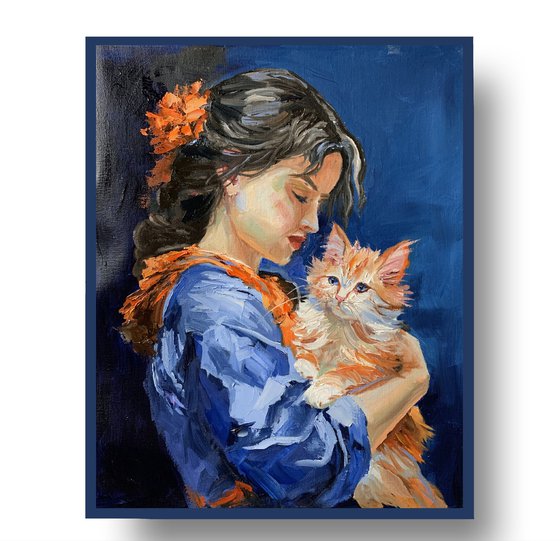 Girl in blue dress, orange cat