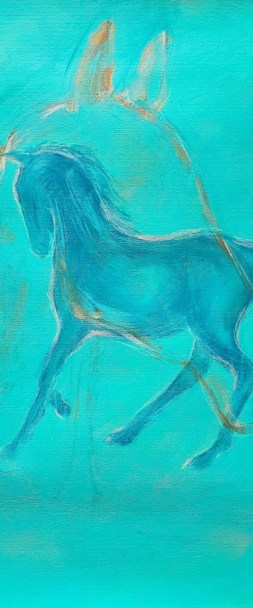The spirit of the blue horse on green by Ksenia June