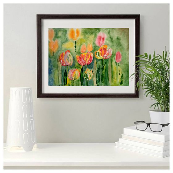 Tulip Painting Floral Original Art Flowers Watercolor Artwork Home Wall Art 17 by 12" by Halyna Kirichenko