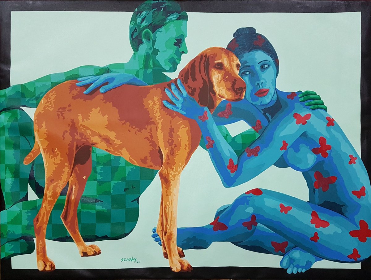 Expressive Portrait Acrylic Painting By Sonaly Gandhi, 48 X 36", Couple And Dog 2, Original Artwork