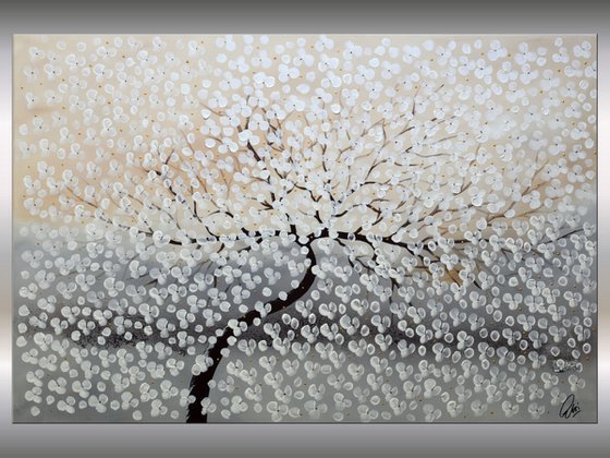 Flying White II  acrylic abstract painting cherry blossoms nature painting , stretched canvas wall art