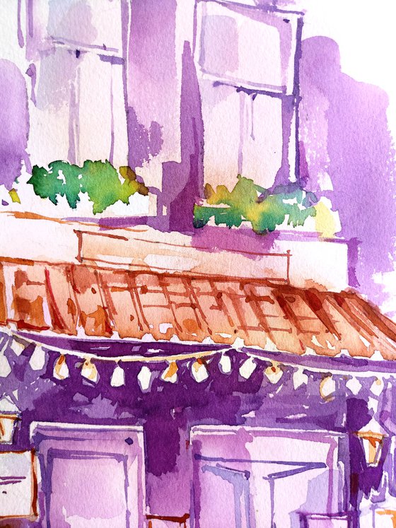Urban romantic landscape "Summer cafe in the old town" original watercolor painting