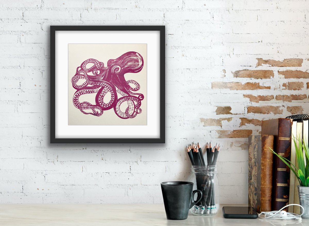 Octopus Linocut (Pink - Unframed) by Amy Cundall