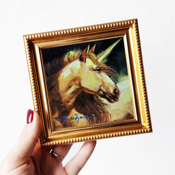 Gold unicorn oil painting original in silver frame 4x4 inch